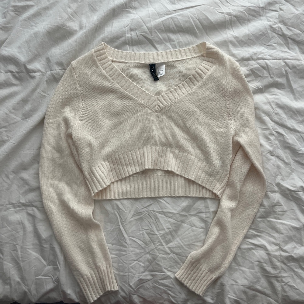 Cropped Cream Off White Knitted V Neck Sweater H&M Sweater Women’s | Size S